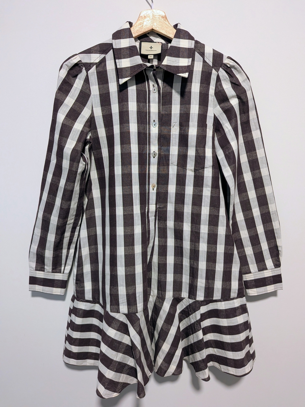 Tuckernuck Brown Cream Check Shirt Dress XS Cotton Linen Flounce